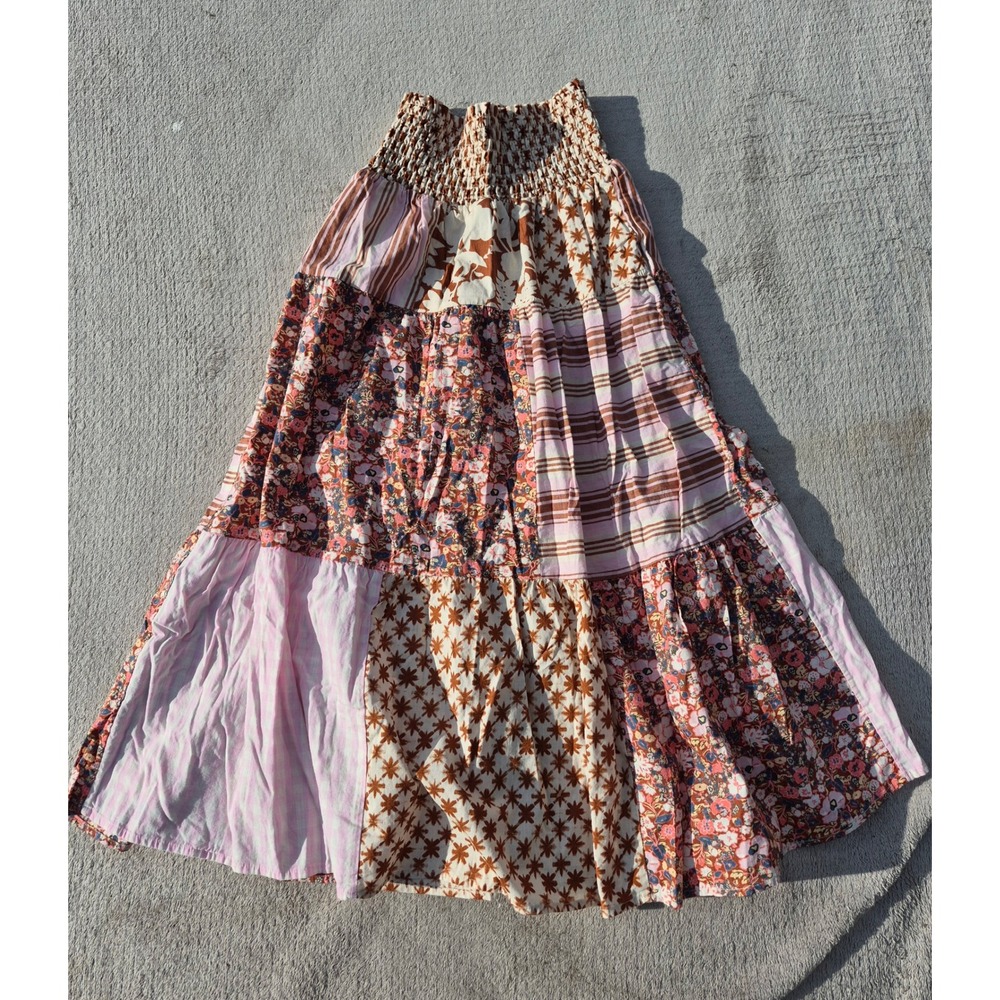 Universal Thread Patchwork Smocked Maxi Skirt XS Pink Brown Floral Tiered Boho
